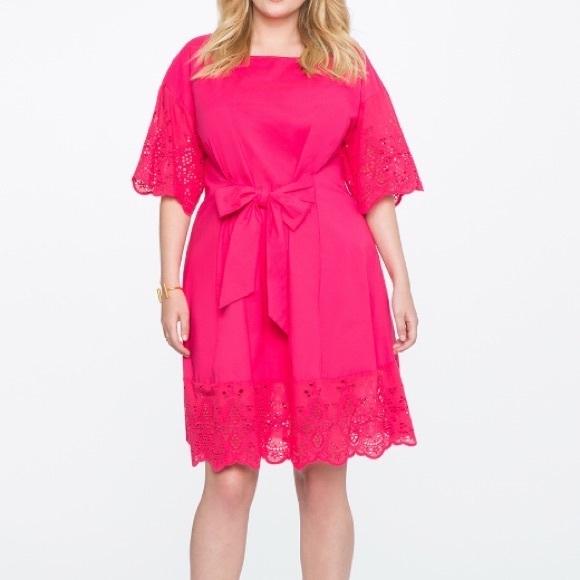 Eloquii Fuschia Hot Pink Tie Eyelet Plus Dress - Picture 1 of 6